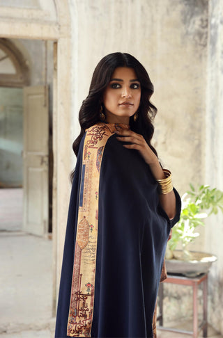 Manto's Unisex Acrylic Wool Blue Dasht Cape with Urdu Calligraphy on the Borders