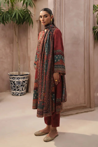 Woman wearing a traditional outfit with a patterned shawl in a room with plants.