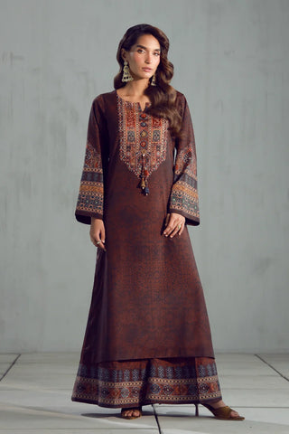 Women's Ready to Wear Printed Brown 3 Piece Set with Urdu Calligraphy