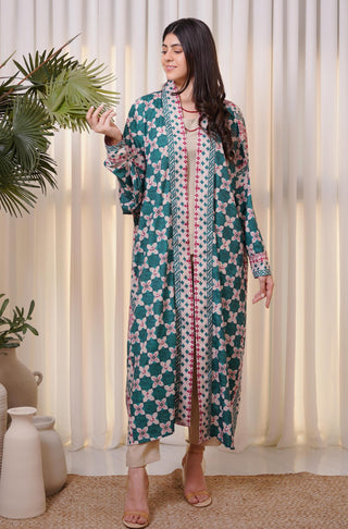 Shopmanto, wear manto, manto clothing brand, manto pakistan, ladies clothing brand, urdu calligraphy clothing, wear manto shrugs, layla shrug teal with urdu calligraphy, women shrugs with urdu calligraphy, women front open upper