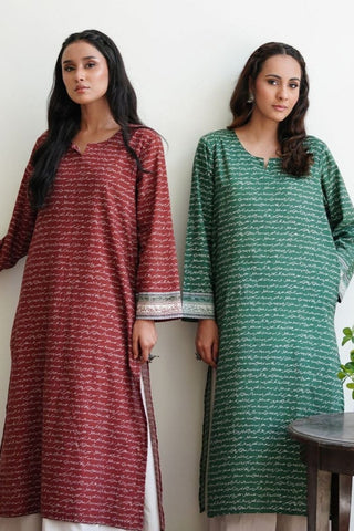 Manto Women's Stitched Green & Red Long Lawn Shirt with Urdu Calligraphy of Poetry by Allama Iqbal