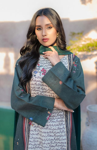 Shopmanto, wear manto, manto clothing brand, manto pakistan, ladies clothing brand, urdu calligraphy clothing, manto beige and green phool khaddar kurta with urdu calligraphy, manto winter collection, manto khaddar collection, khaddar kurtas