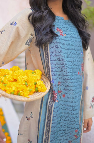 Shopmanto, wear manto, manto clothing brand, manto pakistan, ladies clothing brand, urdu calligraphy clothing, manto blue and beige phool khaddar kurta with urdu calligraphy, manto winter collection, manto khaddar collection, khaddar kurtas