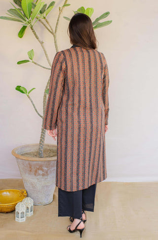 Shopmanto, wear manto, manto clothing brand, manto pakistan, ladies clothing brand, urdu calligraphy clothing, Manto women khaddar kaavish stripes rustic orange coat with urdu calligraphy, winter collection, khaddar collection