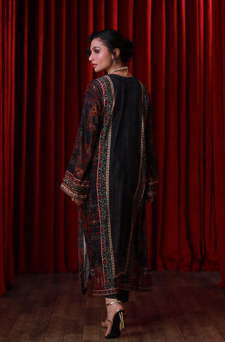 Manto Women's Stitched 1 piece Velvet Long Shirt featuring calligraphy of beautiful Urdu Words